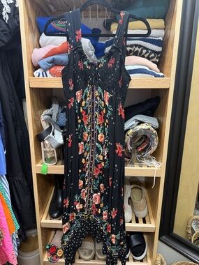 Angie Black Maxi Dress with Red & Green Floral Panels